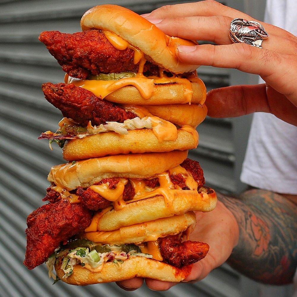 Dave’s Hot Chicken sliders stacked together